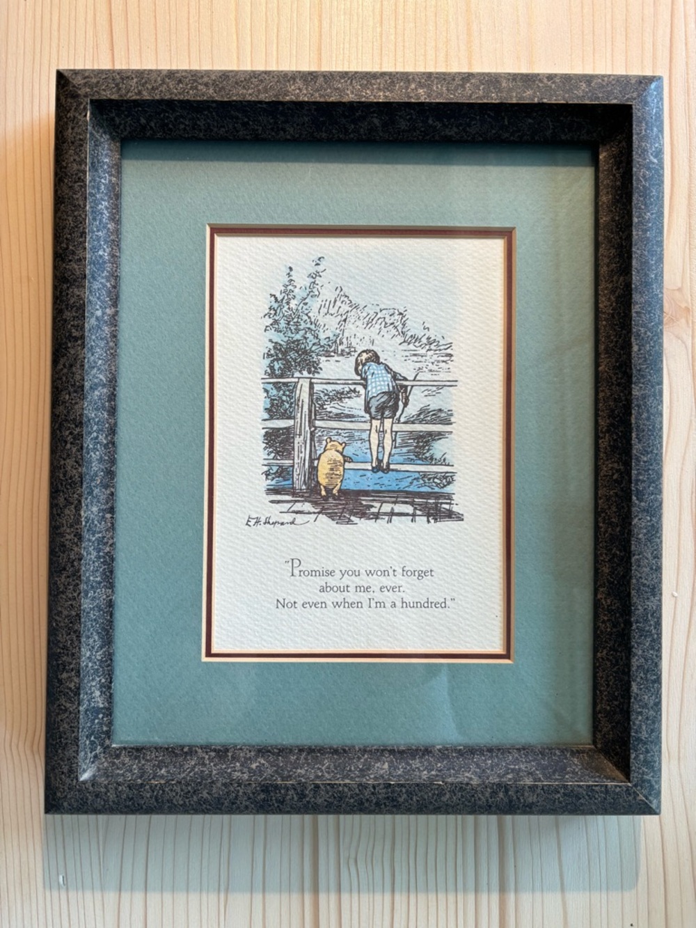 Framed Vintage classic Winnie the Pooh Illustration Print in Teal Mat